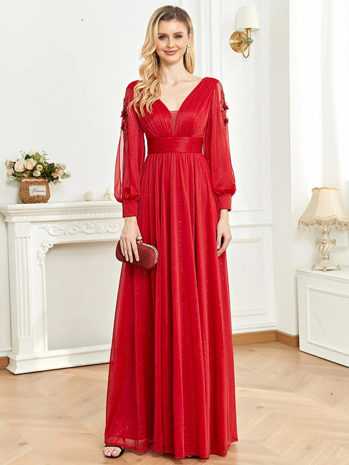Lumidress Red Long-Sleeved V-Neck Banquet Dress Spotlight Evening Dress
