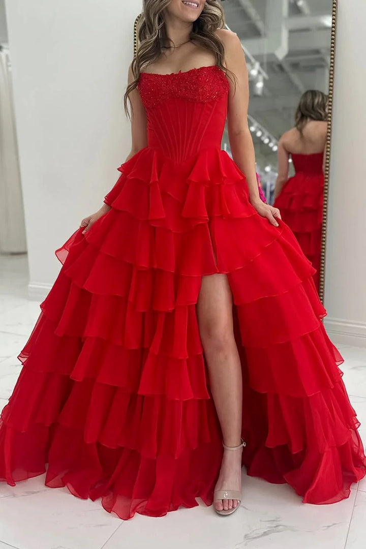 Lumidress Red Strapless A-Line Chiffon Prom Dress with Tiered Ruffles and Appliqués