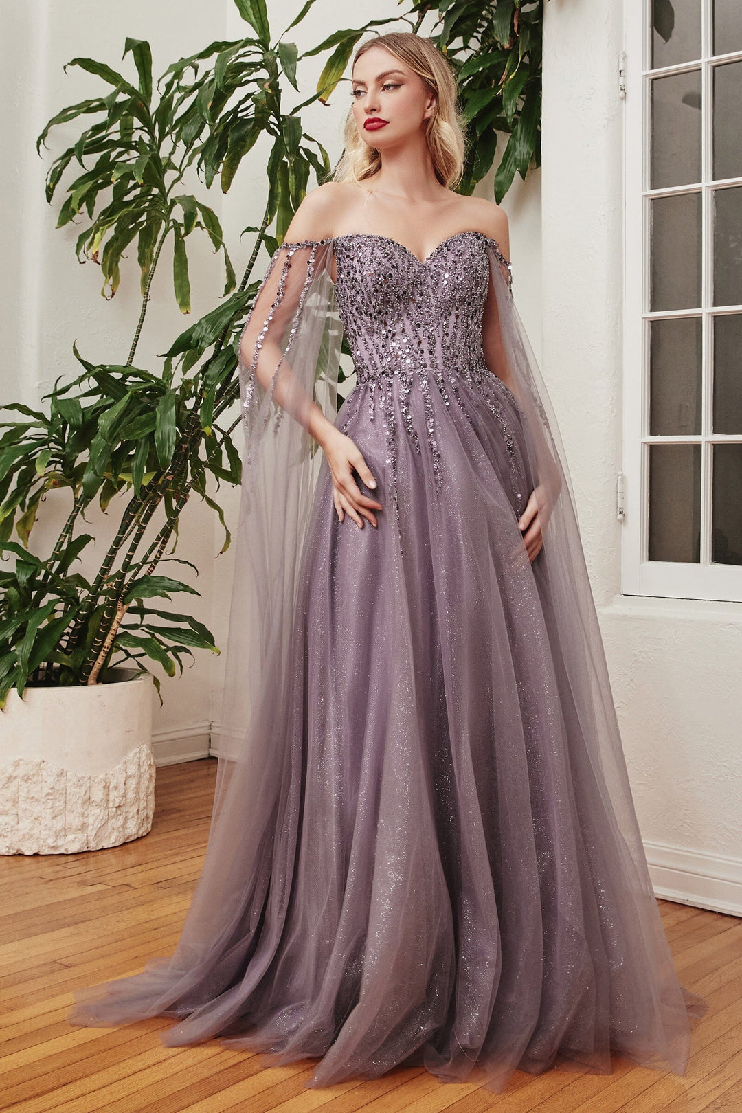 Lumidress Sweetheart Neck Cape Sleeve Beaded Sequins Long Tulle Gown