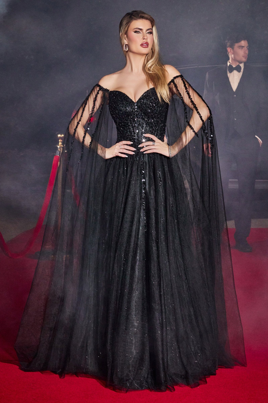Lumidress Sweetheart Neck Cape Sleeve Beaded Sequins Long Tulle Gown