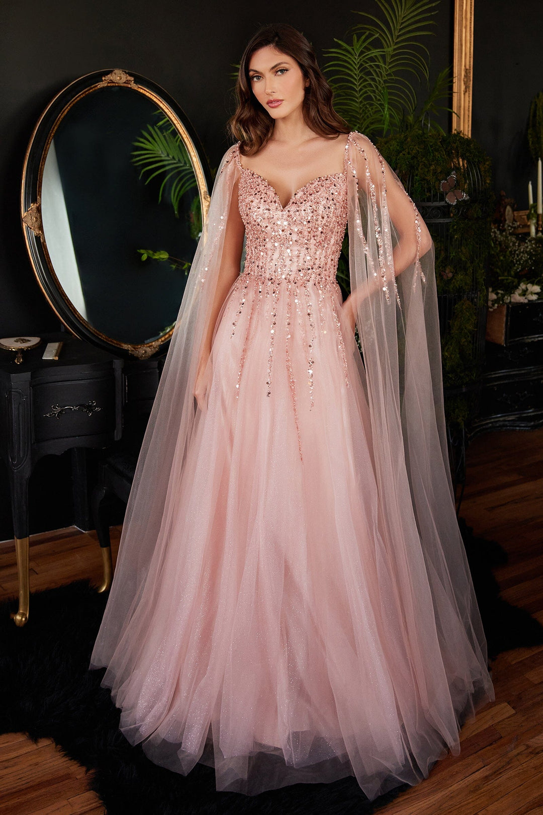 Lumidress Sweetheart Neck Cape Sleeve Beaded Sequins Long Tulle Gown