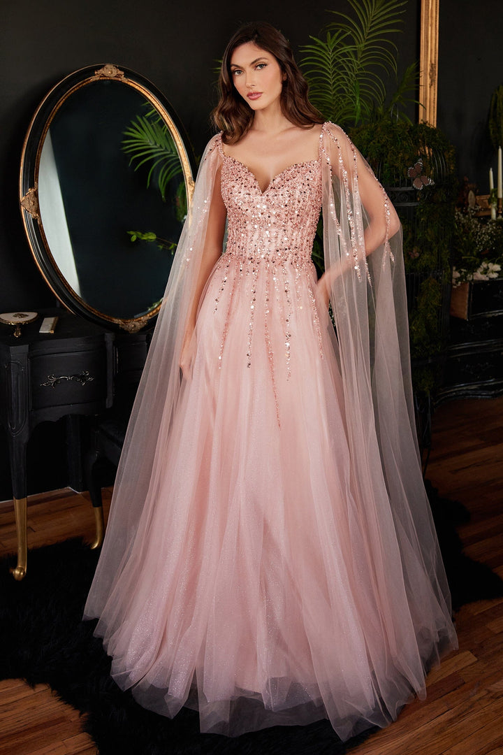 Lumidress Sweetheart Neck Cape Sleeve Beaded Sequins Long Tulle Gown
