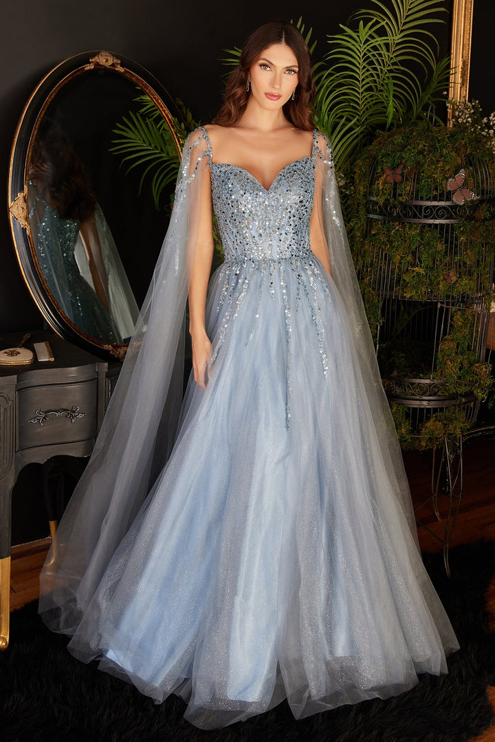 Lumidress Sweetheart Neck Cape Sleeve Beaded Sequins Long Tulle Gown