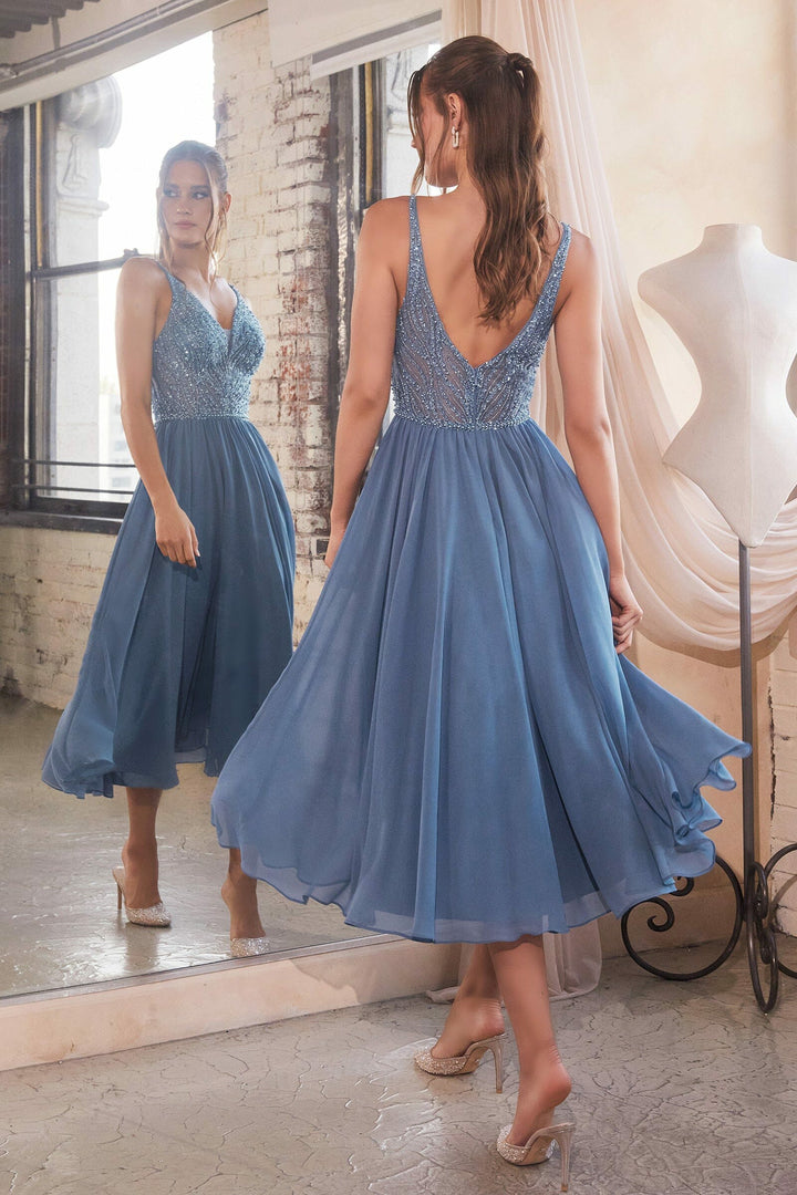 Lumidress Charming V-Neck Beaded Sequin Chiffon Tea-Length Prom Dress
