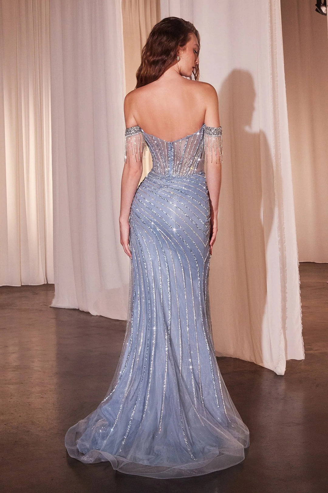 Lumidress Beaded Off Shoulder Tulle Slit Gown with Beaded Fringe Sleeves