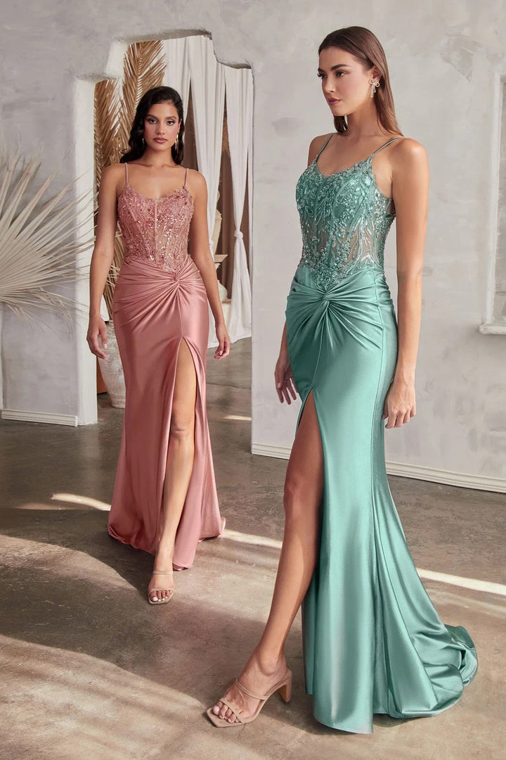 Lumidress Luxurious Satin V-Neck Sleeveless Slit Prom Gown