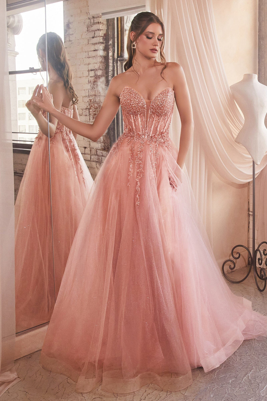 Lumidress Off-Shoulder Beaded Slit Glitter Tulle Prom Gown