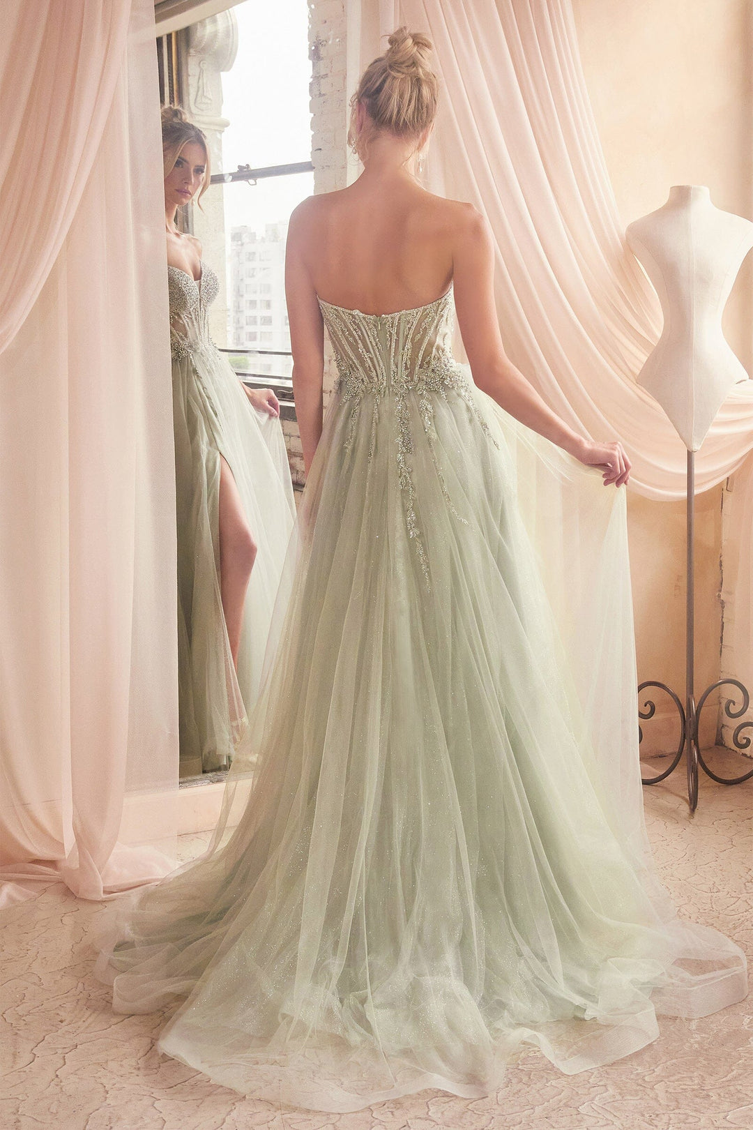 Lumidress Off-Shoulder Beaded Slit Glitter Tulle Prom Gown