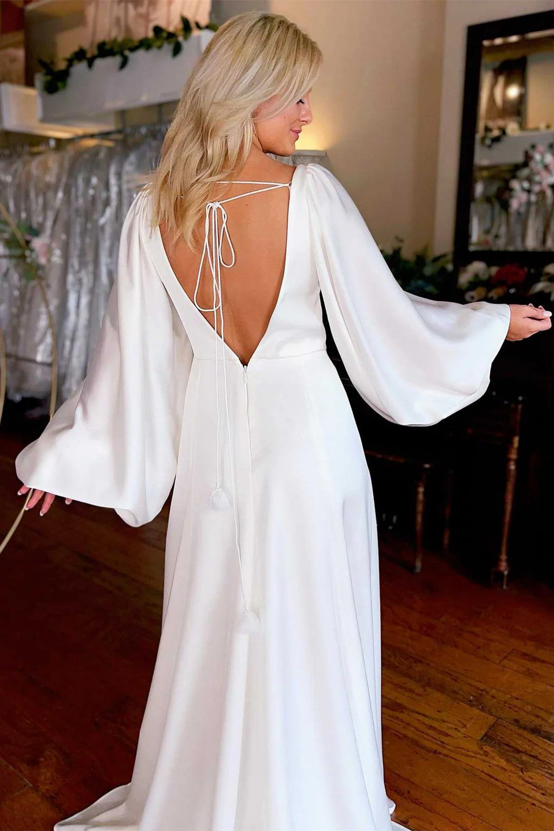 Lumidress Elegant White Deep V-Neck Long Sleeve Wedding Dress with Side Slit