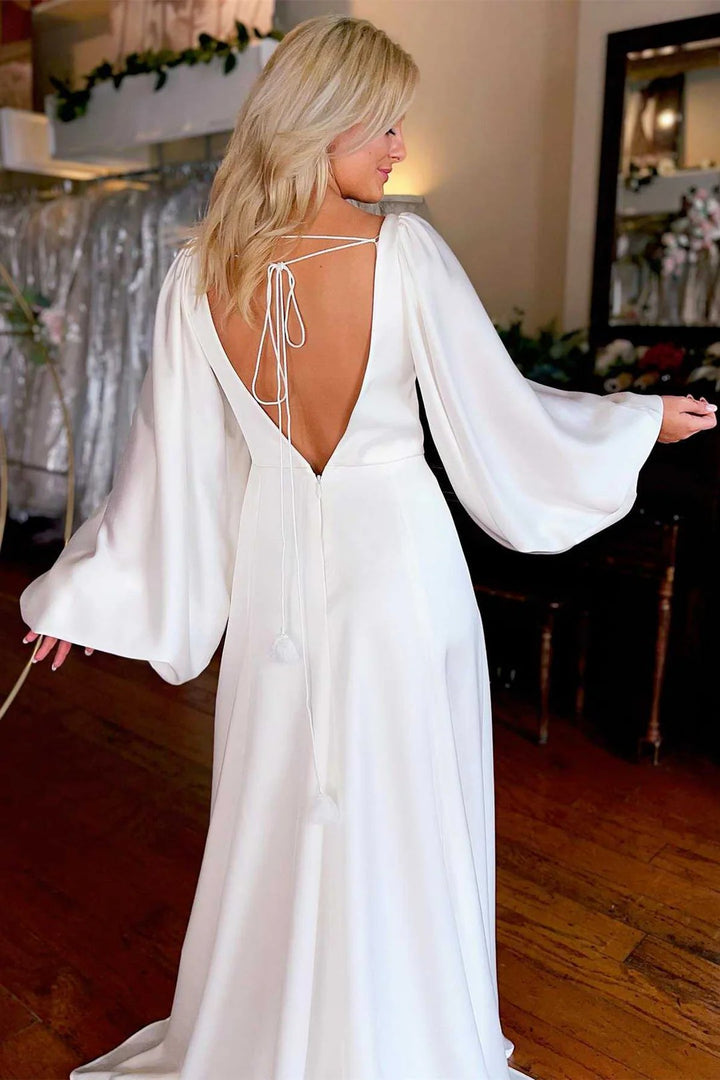 Lumidress Elegant White Deep V-Neck Long Sleeve Wedding Dress with Side Slit