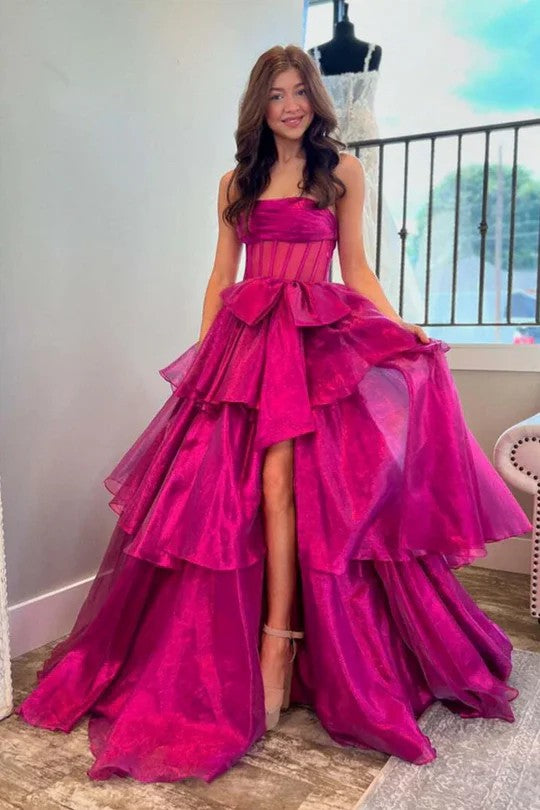 Lumidress Glamorous Strapless Tiered Ball Gown Pageant Dress with Bow