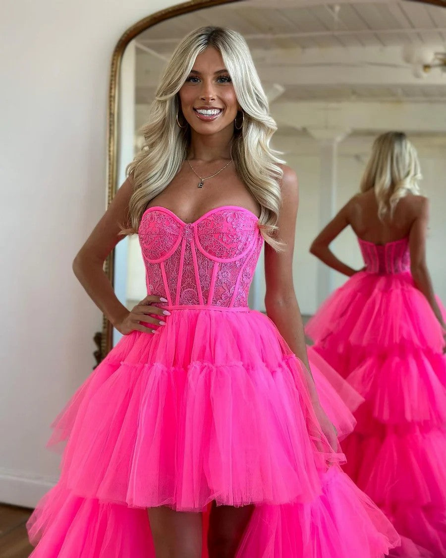 Lumidress Hot Pink A-Line Sweetheart Prom Dress with Lace Details