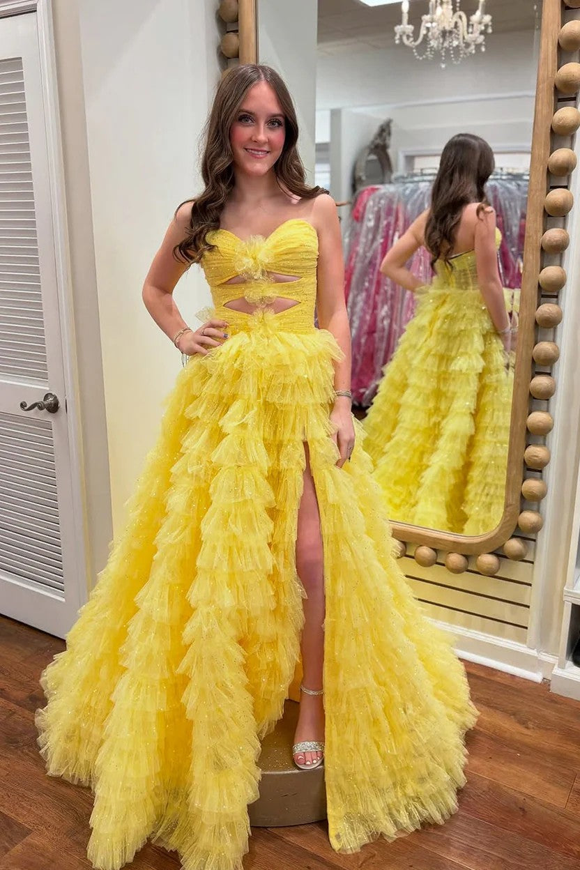 Lumidress Radiant Sunshine Strapless Tiered Tulle Ball Gown with High Slit