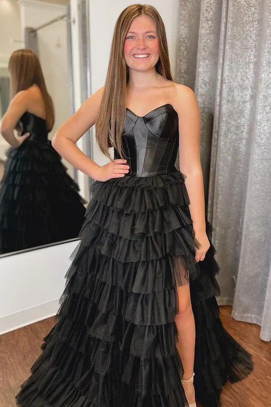 Lumidress Off-Shoulder Sweetheart Tiered Tulle Long Prom Dress with Slit