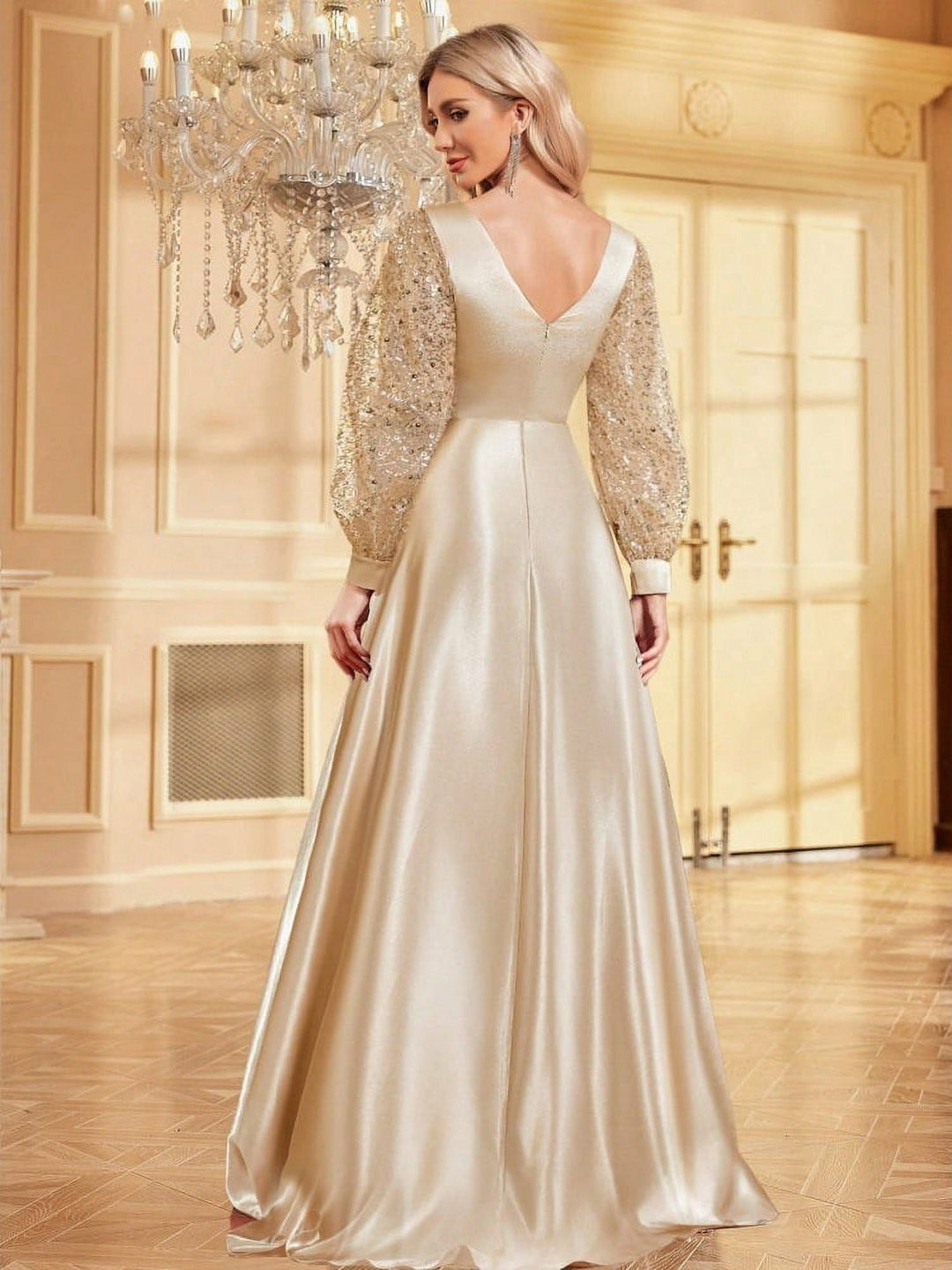 Lumidress Long Sleeve Sequin V-Neck Floor Length Evening Party Formal Dress