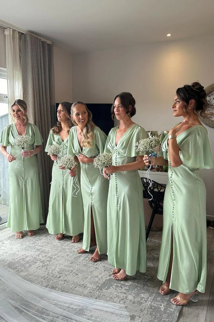 Lumidress Light Green Satin Sheath Bridesmaid Dress with V-Neck &amp; Flared Sleeves