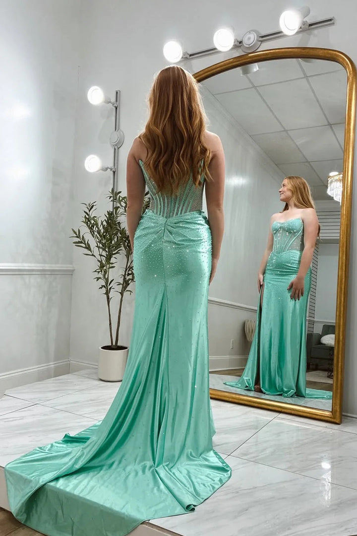 Lumidress Chic Mint Satin Strapless Mermaid Long Prom Gown with Side Slit