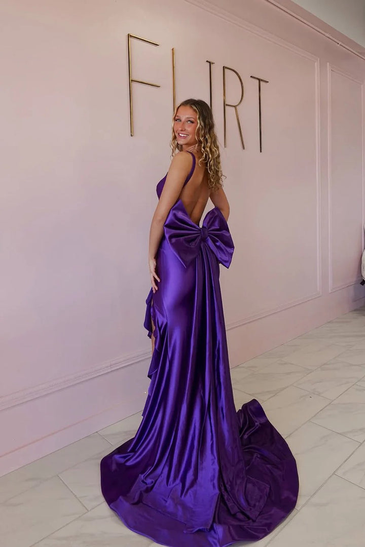 Lumidress Royal Purple Satin Mermaid Prom Dress with Corset Bodice and Ruffle Slit