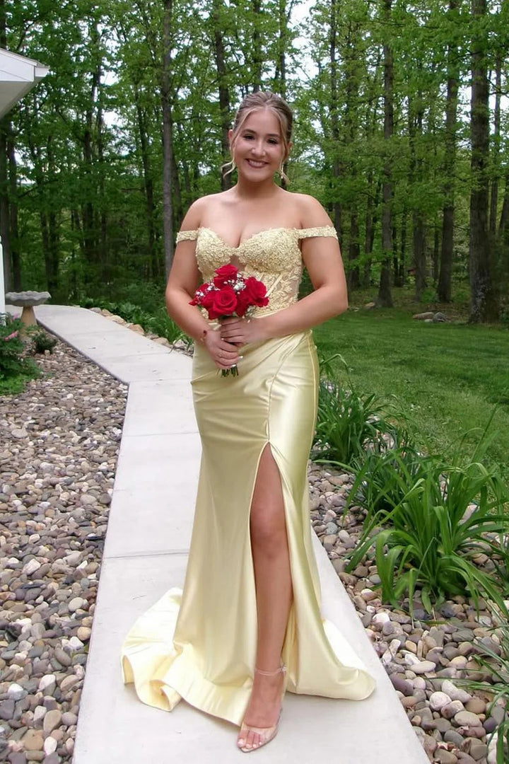 Lumidress Elegant Yellow Satin Off-the-Shoulder Mermaid Prom Dress with Appliqués