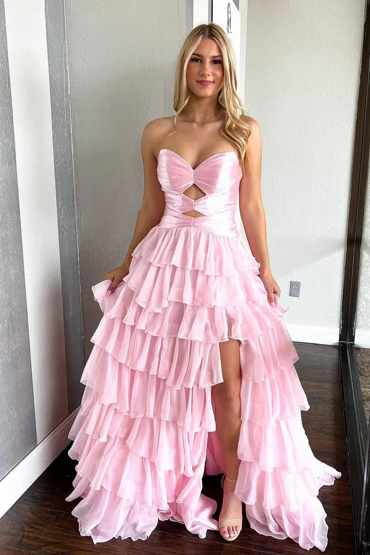 Lumidress Pink Chiffon A-Line Sweetheart Tiered Prom Dress with Side Slit