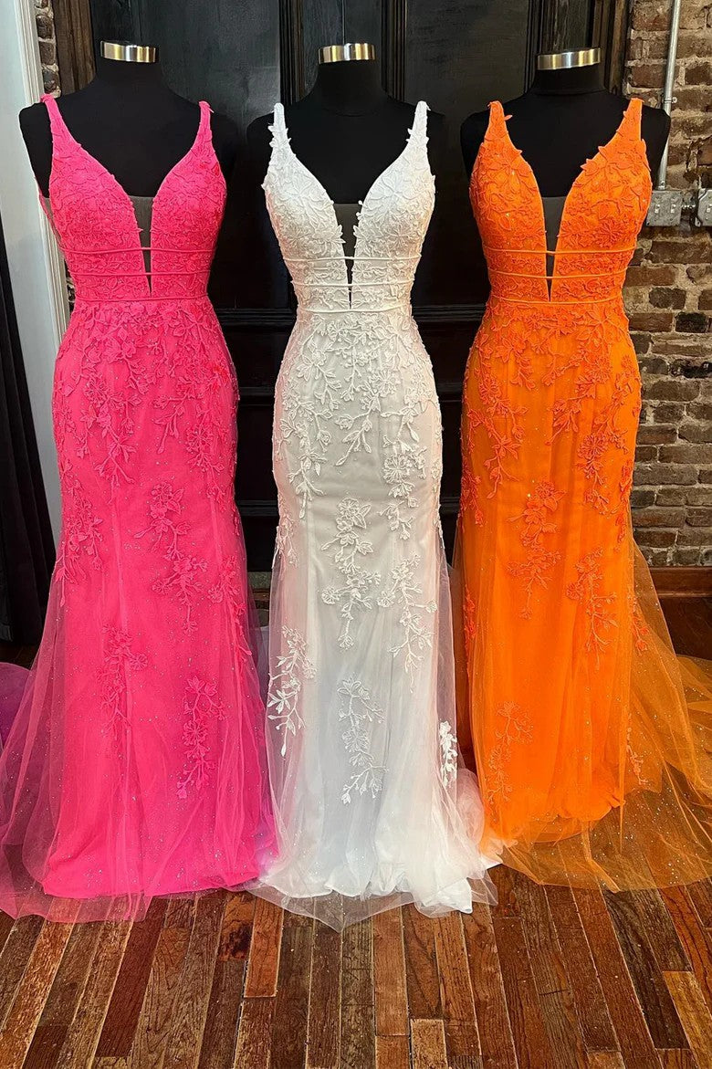 Lumidress Hot Pink Deep V-Neck Floral Embroidered Mermaid Gown