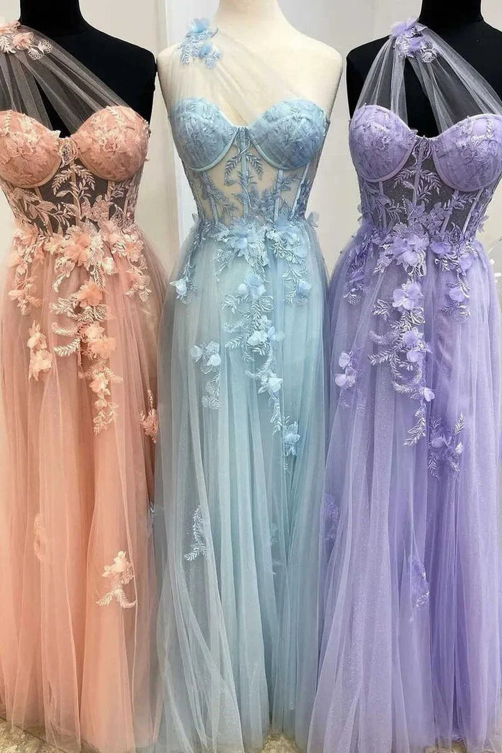 Lumidress Dreamy Lavender One-Shoulder Sheer Mesh Long Prom Dress
