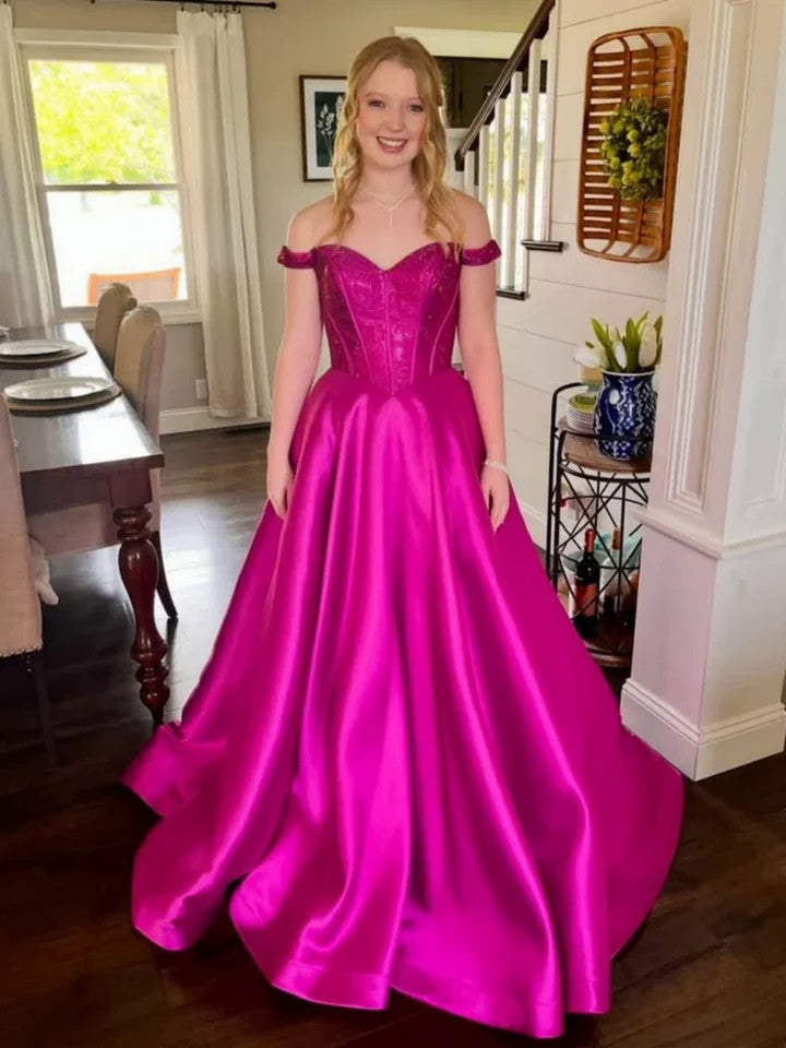 Lumidress Magenta Satin Off-The-Shoulder A-Line Prom Dress with Lace Details