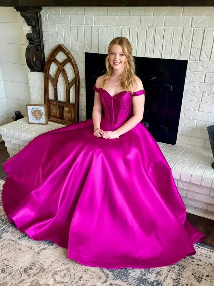 Lumidress Magenta Satin Off-The-Shoulder A-Line Prom Dress with Lace Details