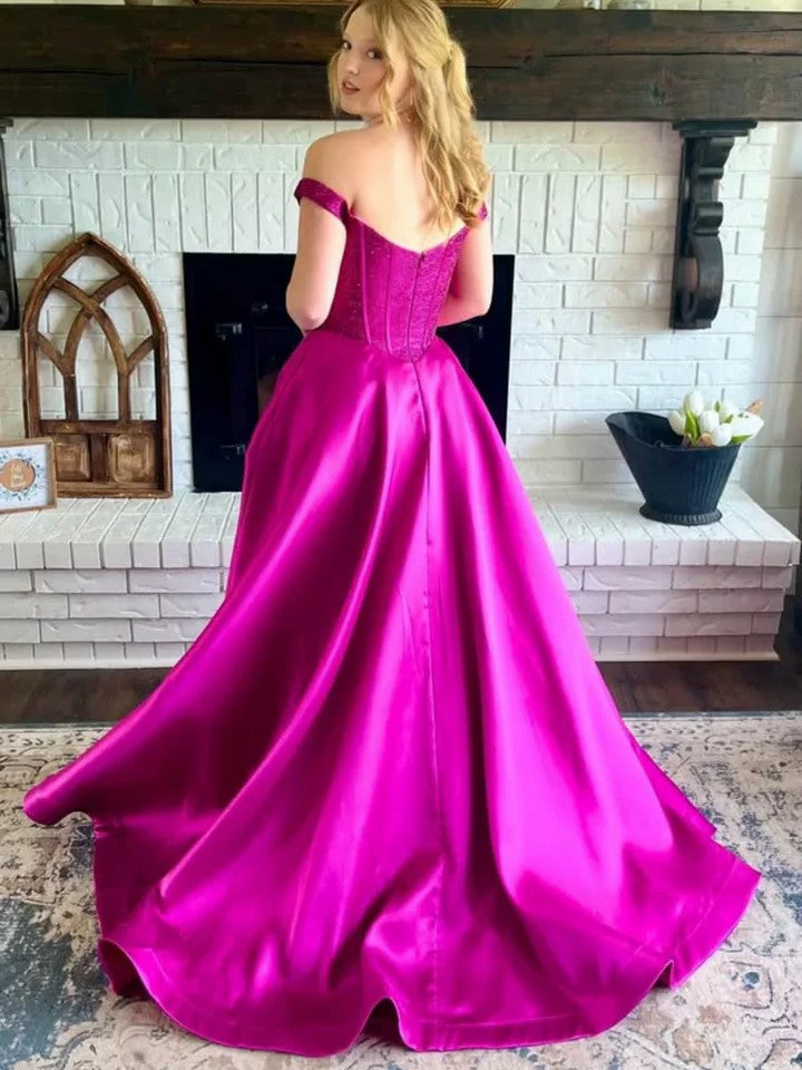 Lumidress Magenta Satin Off-The-Shoulder A-Line Prom Dress with Lace Details