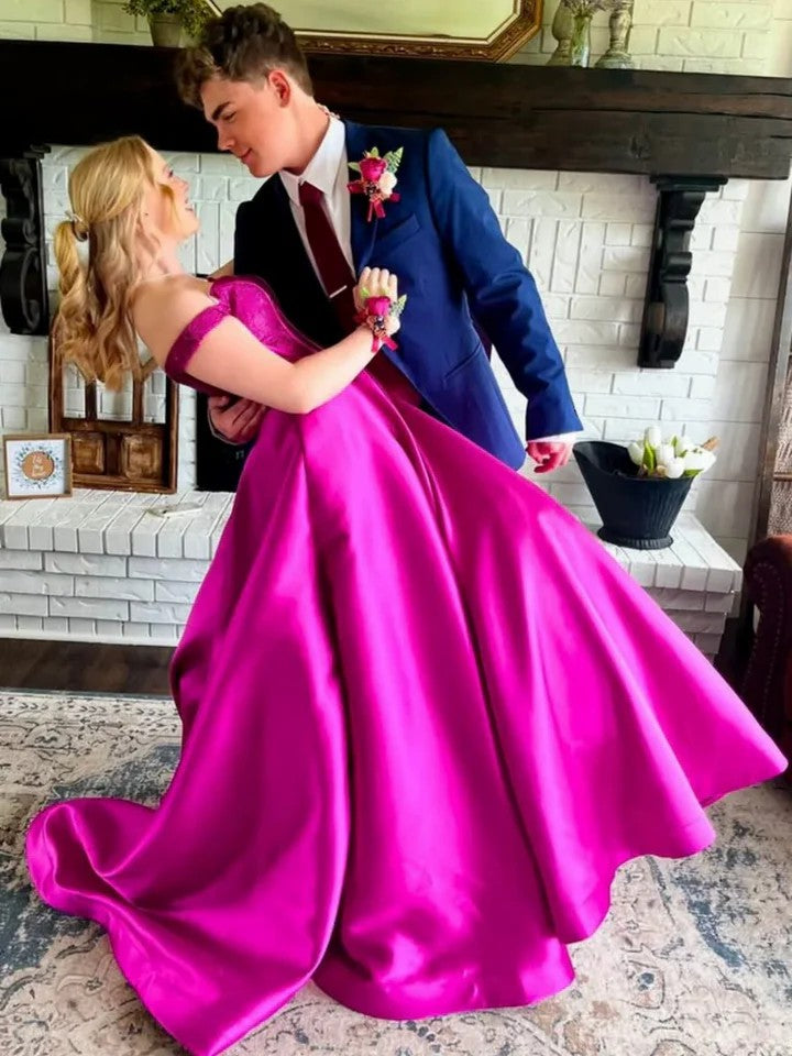 Lumidress Magenta Satin Off-The-Shoulder A-Line Prom Dress with Lace Details