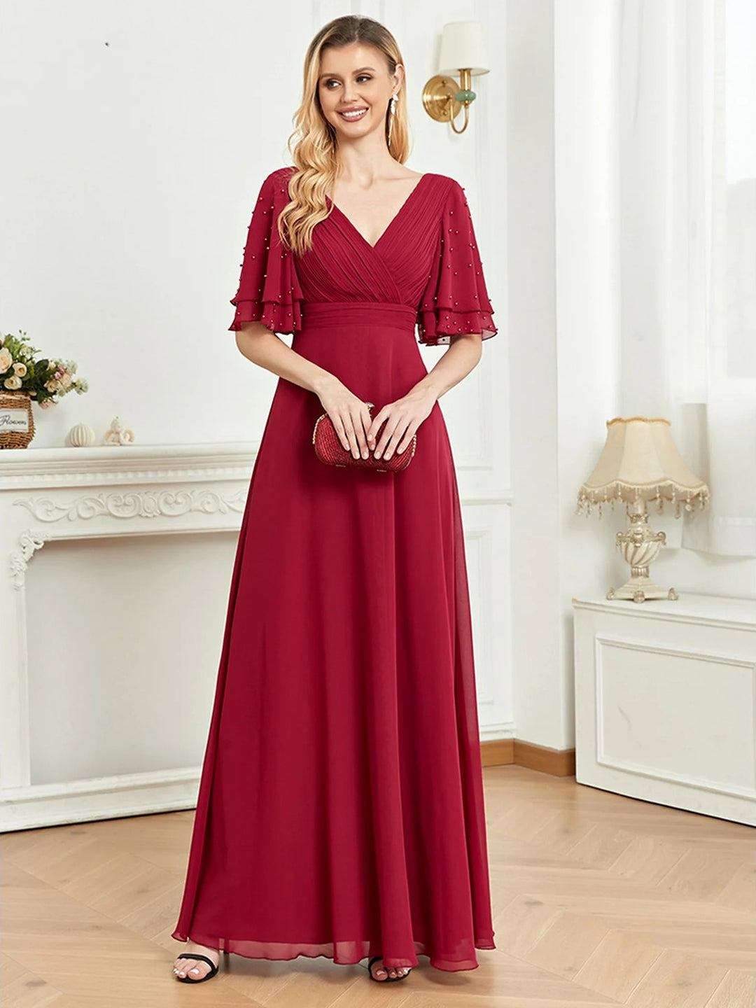 Lumidress Women's Evening Dress Flared Sleeve Chiffon V-Neck Wine Bridesmaid Dress