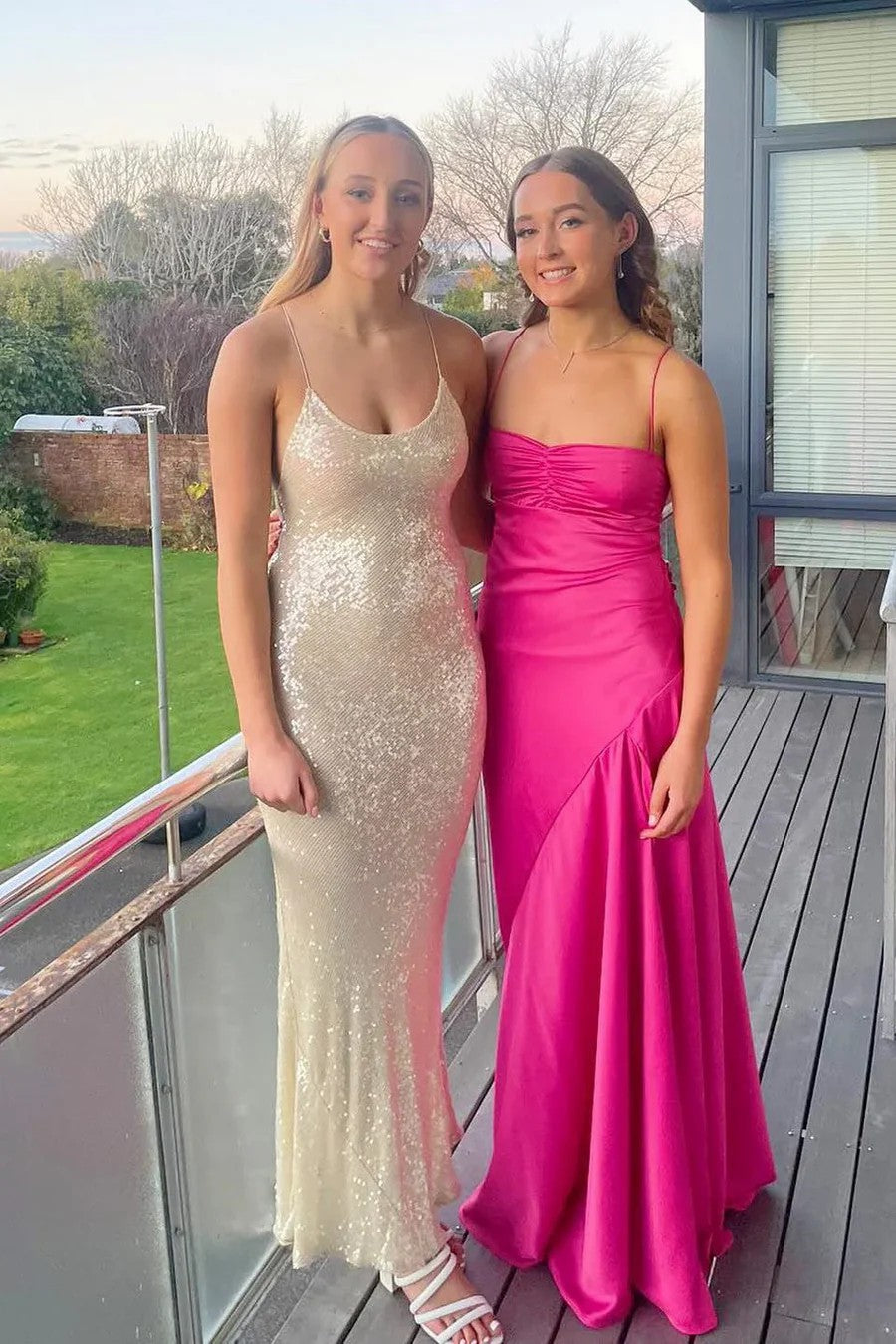 Lumidress Bold Fuchsia Satin Spaghetti Strap Sheath Prom Dress with High Slit