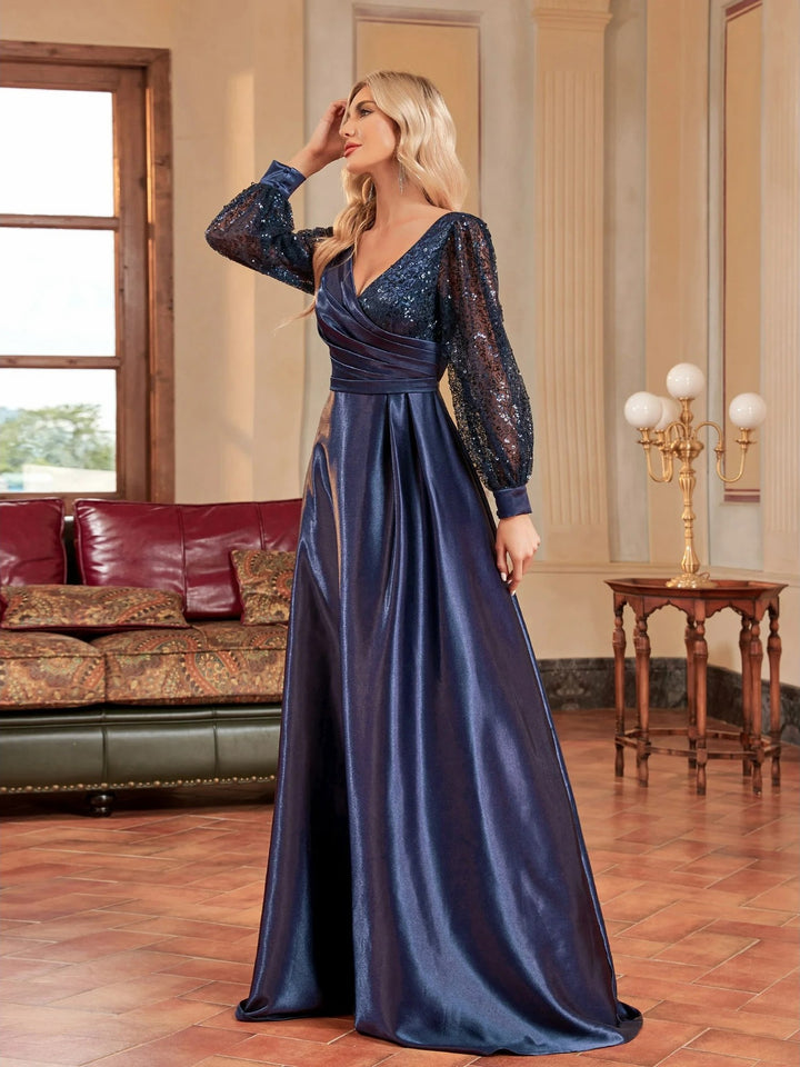 Lumidress Long Sleeve Sequin V-Neck Floor Length Evening Party Formal Dress