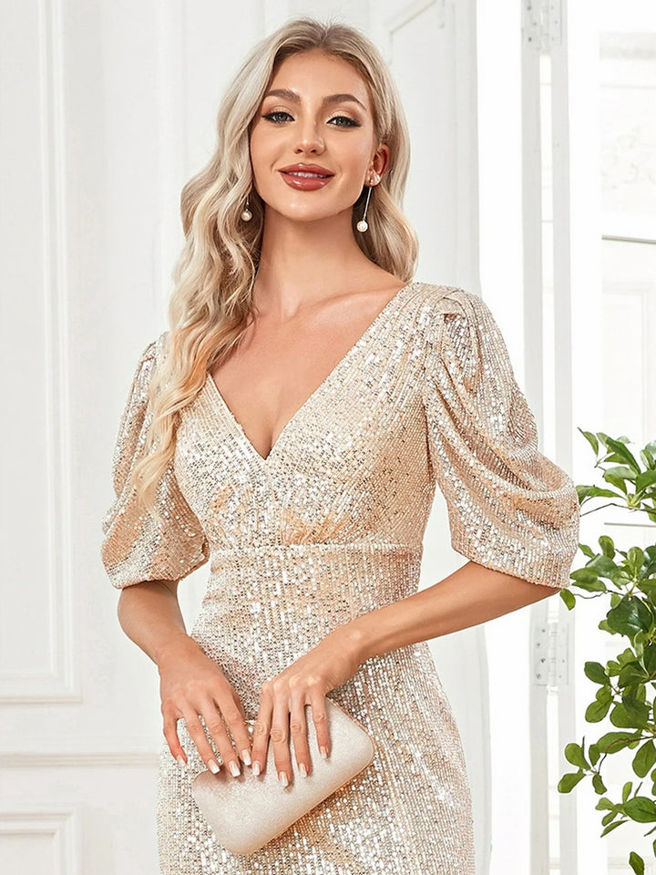 Lumidress Women Sexy V-Neck Sequin Floor-Length Split Evening Dress