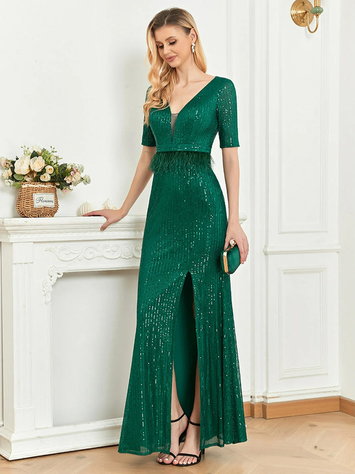 Lumidress Sheath/Column Sequin V-Neck Empire Waist Evening Gown with Feathers