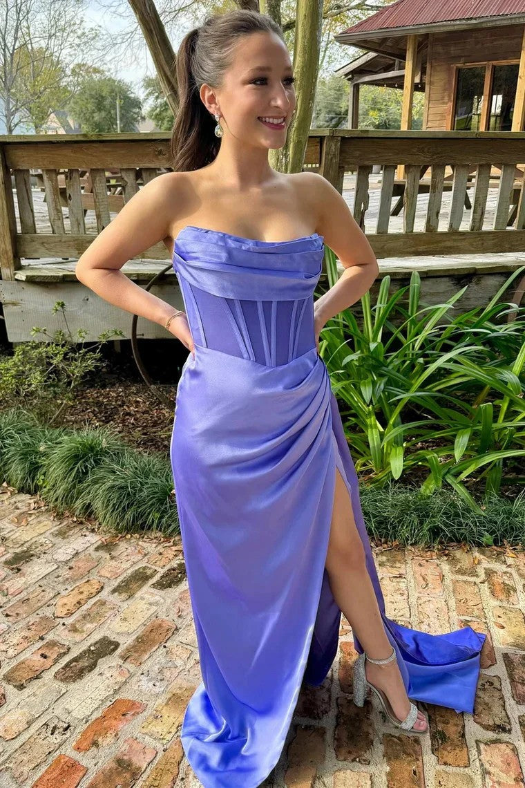 Lumidress Periwinkle Strapless Pleated Prom Dress with Side Slit