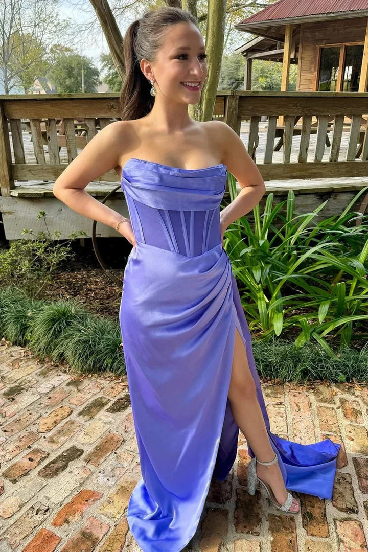 Lumidress Periwinkle Strapless Pleated Prom Dress with Side Slit