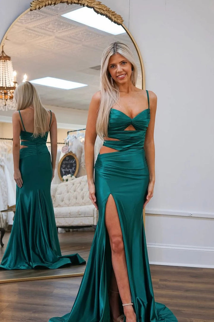 Lumidress Emerald Green Satin Mermaid Prom Dress with Sweetheart Neckline and Slit