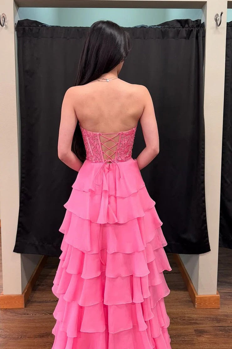 Lumidress Pink Chiffon A-Line Prom Dress with Sweetheart Neckline and Tiered Skirt