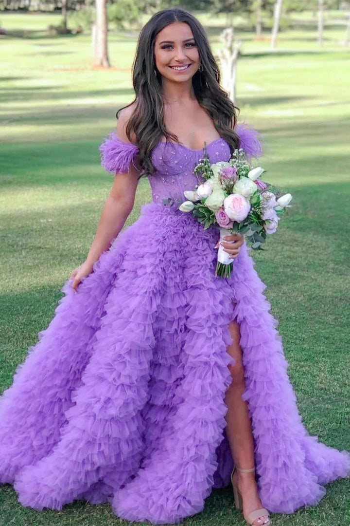 Lumidress Blush Pink Off-Shoulder Feathered Corset Gown with Layered Ruffle Train