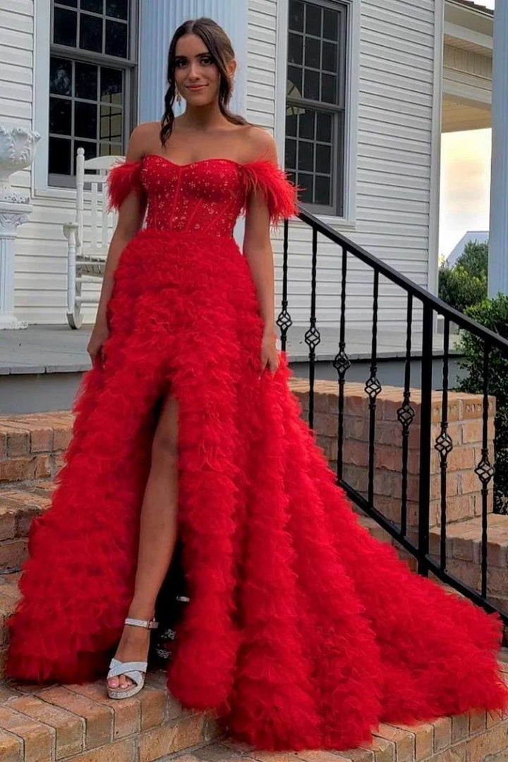 Lumidress Blush Pink Off-Shoulder Feathered Corset Gown with Layered Ruffle Train