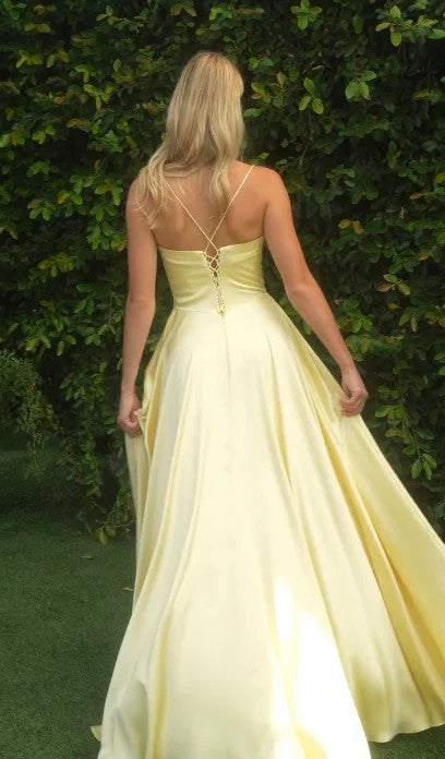 Lumidress Spaghetti Straps Satin Long A-Line Slit Prom Formal Gown