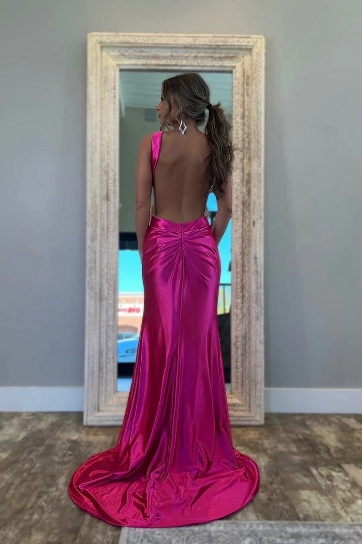 Lumidress Radiant Fuchsia Satin Cut-Out Mermaid Evening Gown with Halter Neck