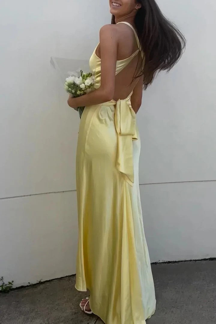 Lumidress Elegant Halter V-Neck Pleated Satin Long Prom Dress