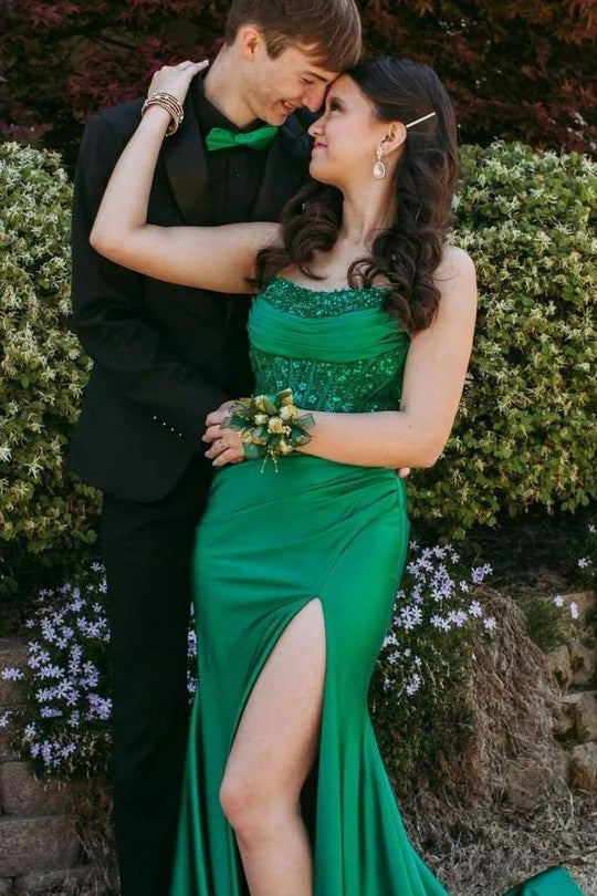 Lumidress Strapless Scoop Neck Pleated Mermaid Long Prom Dress with High Slit