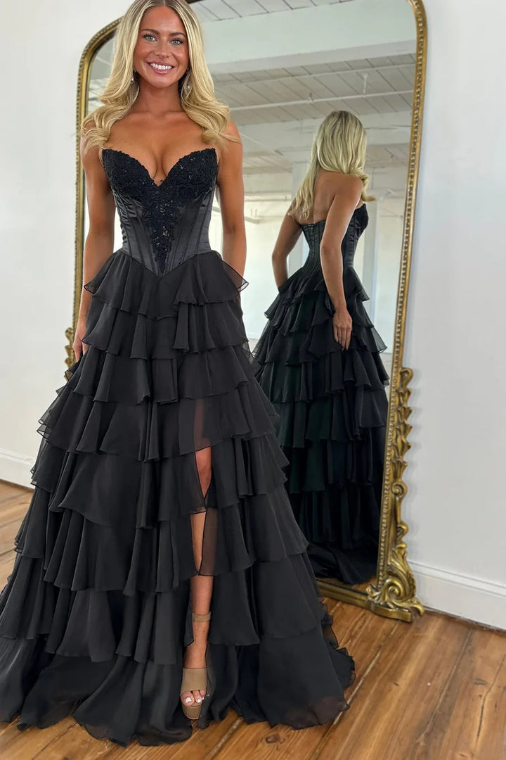 Lumidress Black Sweetheart Chiffon Tiered A Line Long Prom Dress