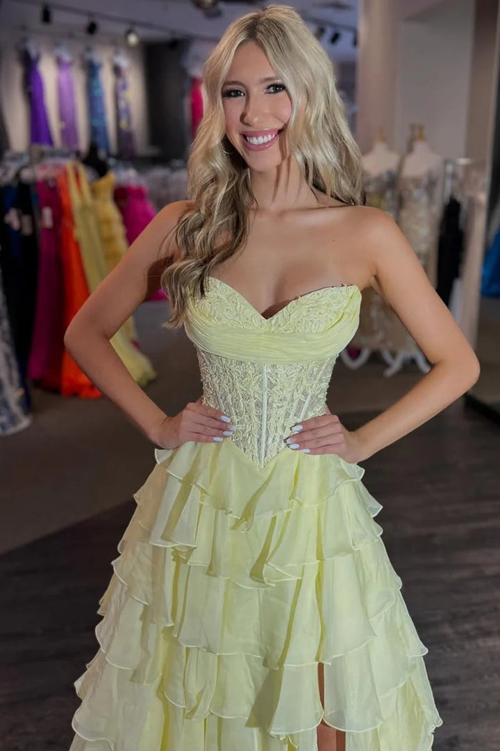 Lumidress A-Line Sweetheart Chiffon Tiered Prom Dress with Appliqués