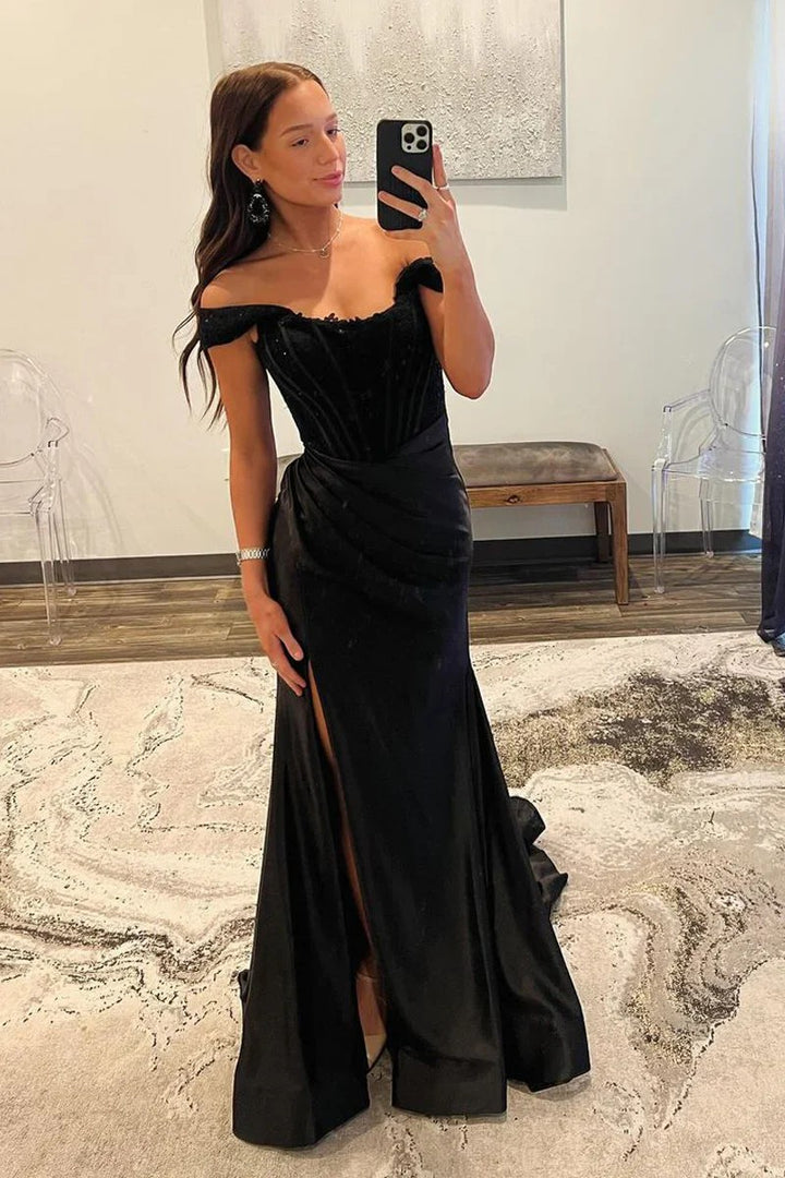 Lumidress Elegant Black Off-the-Shoulder Satin Mermaid Evening Gown with Slit