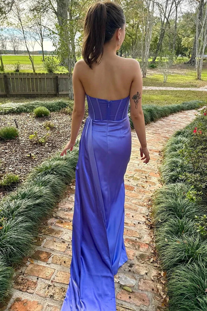 Lumidress Periwinkle Strapless Pleated Prom Dress with Side Slit