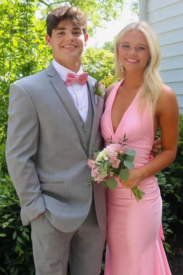Lumidress Pink Halter Neck Pleated Satin Mermaid Prom Dress with Slit